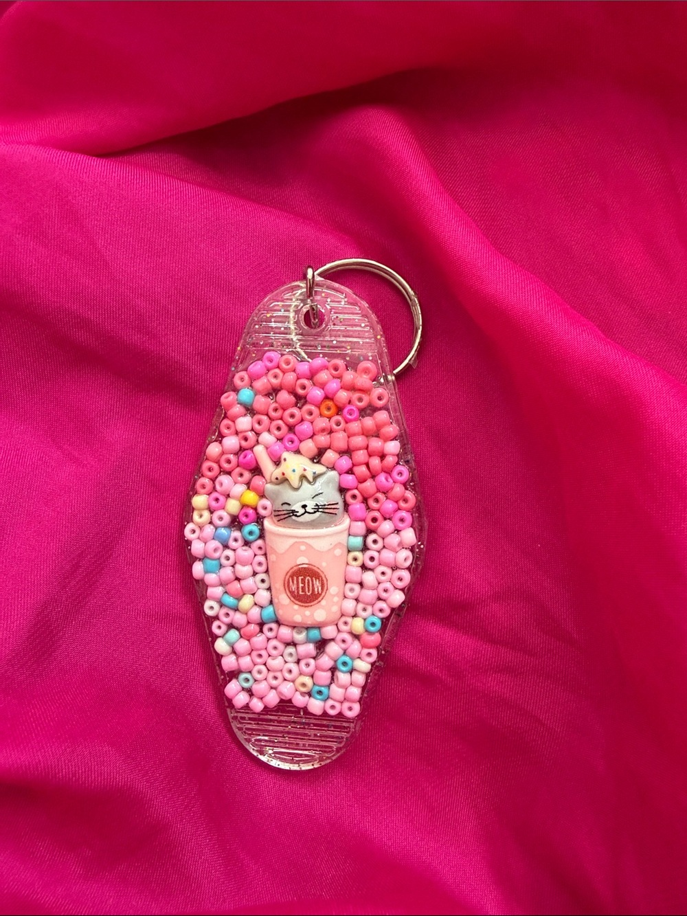 Cute Pink Cat 'Meow' Bead Keychain
